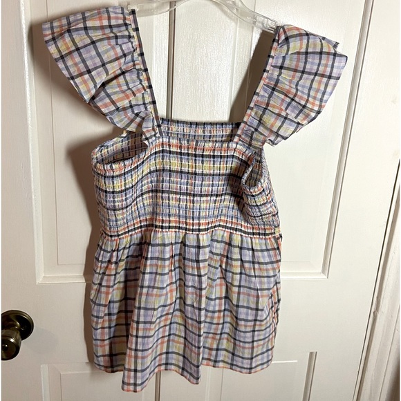 LOFT Plaid Stretchy Smocked Bodice Peplum Shell Fluttery Sleeves Sz XS - Picture 5 of 6